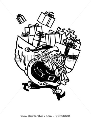 Santa With Huge Bag Of Gifts   Retro Clipart Illustration   99256691