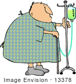     Senior Caucasian Man In A Hospital Gown With Cane And Ivs Clipart