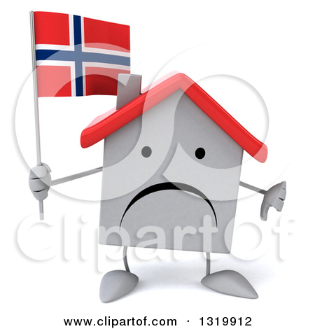 White Home Character Giving A Thumb Down And Holding A Norwegian Flag