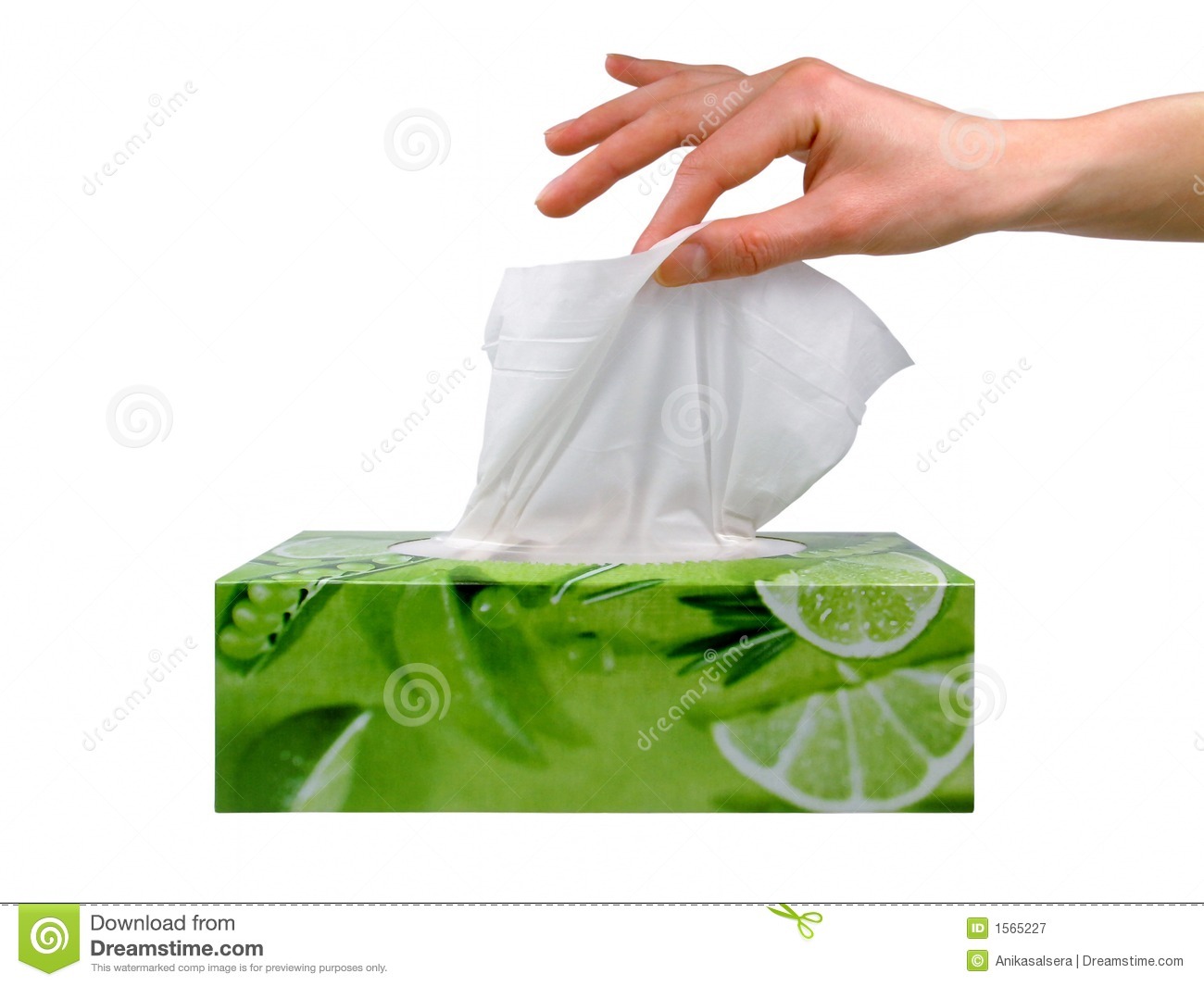 Delicate Woman S Hand Pulls A Tissue From A Green Tissue Box