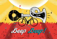 Funny Retro Grunge Poster Beep Beep  Bike With Klaxon  Vector    