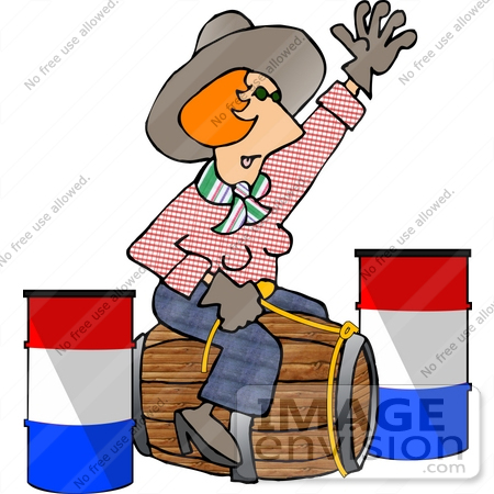 Haired Cowgirl Woman Riding A Woodel Barrel Instead Of A Horse Clipart