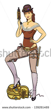 Lady Dressed Up In Steampunk Style Is Holding A Gun In Her Hand