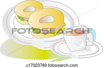 Bagel Sandwich And Tea Illustrative Technique View Large Illustration