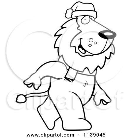 Cartoon Clipart Of A Black And White Walking Christmas Lion   Vector