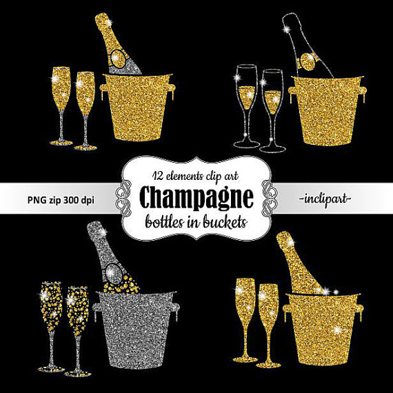 Champagne Clipart  Bottle In Bucket   Glasses Glitter Clip Art  Gold
