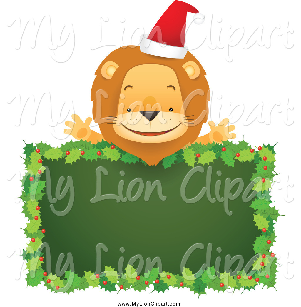 Christmas Lion Over A Holly Sign Walking Christmas Lion In A Santa Hat