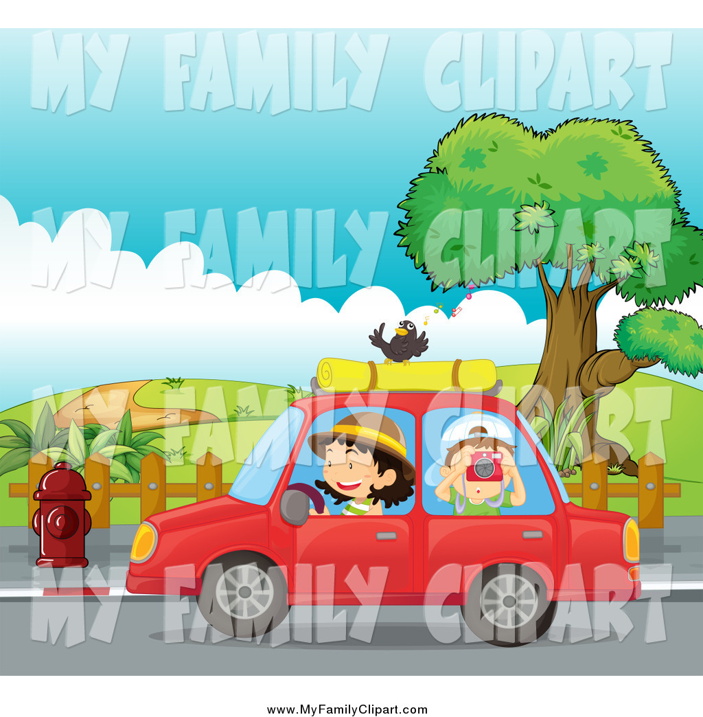 Clip Art Of A Happy Mother Driving Her Son By A Park In A Car As He