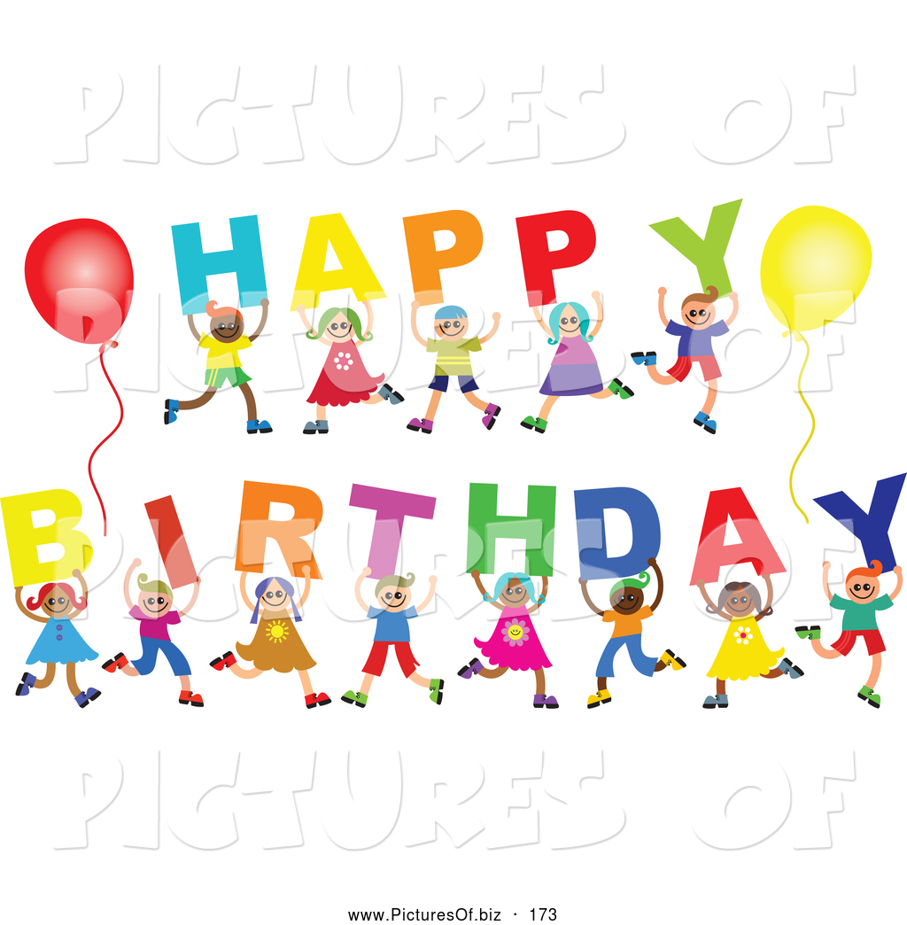 Clipart Of A Diverse Group Of Children Spelling Out Happy Birthday