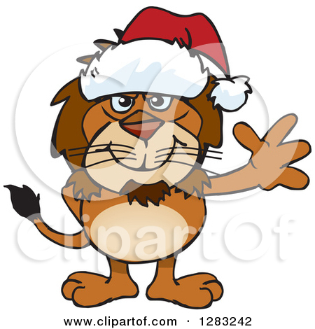 Clipart Of A Friendly Waving Male Lion Wearing A Christmas Santa Hat    