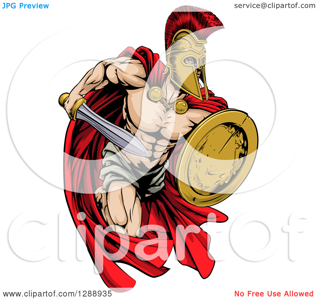 Clipart Of A Strong Spartan Trojan Warrior Mascot Running With A Sword