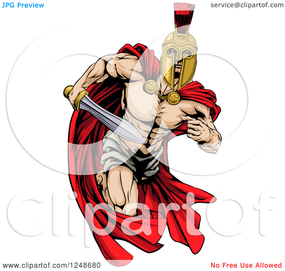 Clipart Of A Strong Spartan Trojan Warrior Mascot Running With A Sword