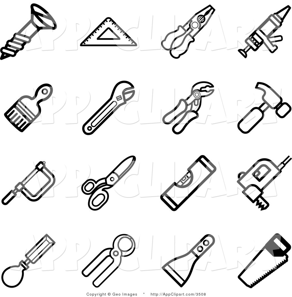 Collection Of Black And White Tool Icons On White Set Of Sixteen Black