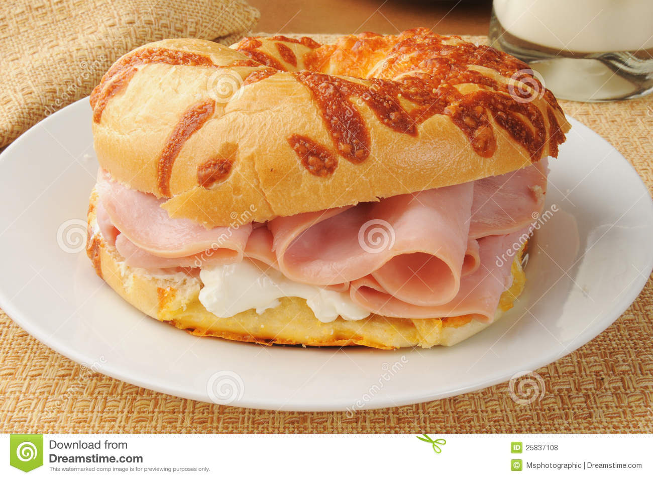 Ham Sandwich On An Onion Bagel Royalty Free Stock Photos   Image    