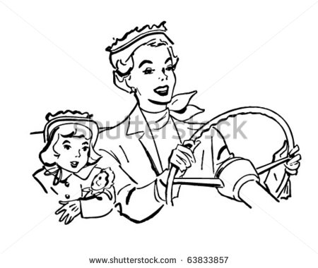 Mother Driving With Daughter   Retro Clipart Illustration   63833857