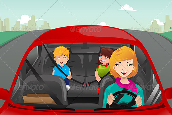 Mother Driving With Her Children   People Characters