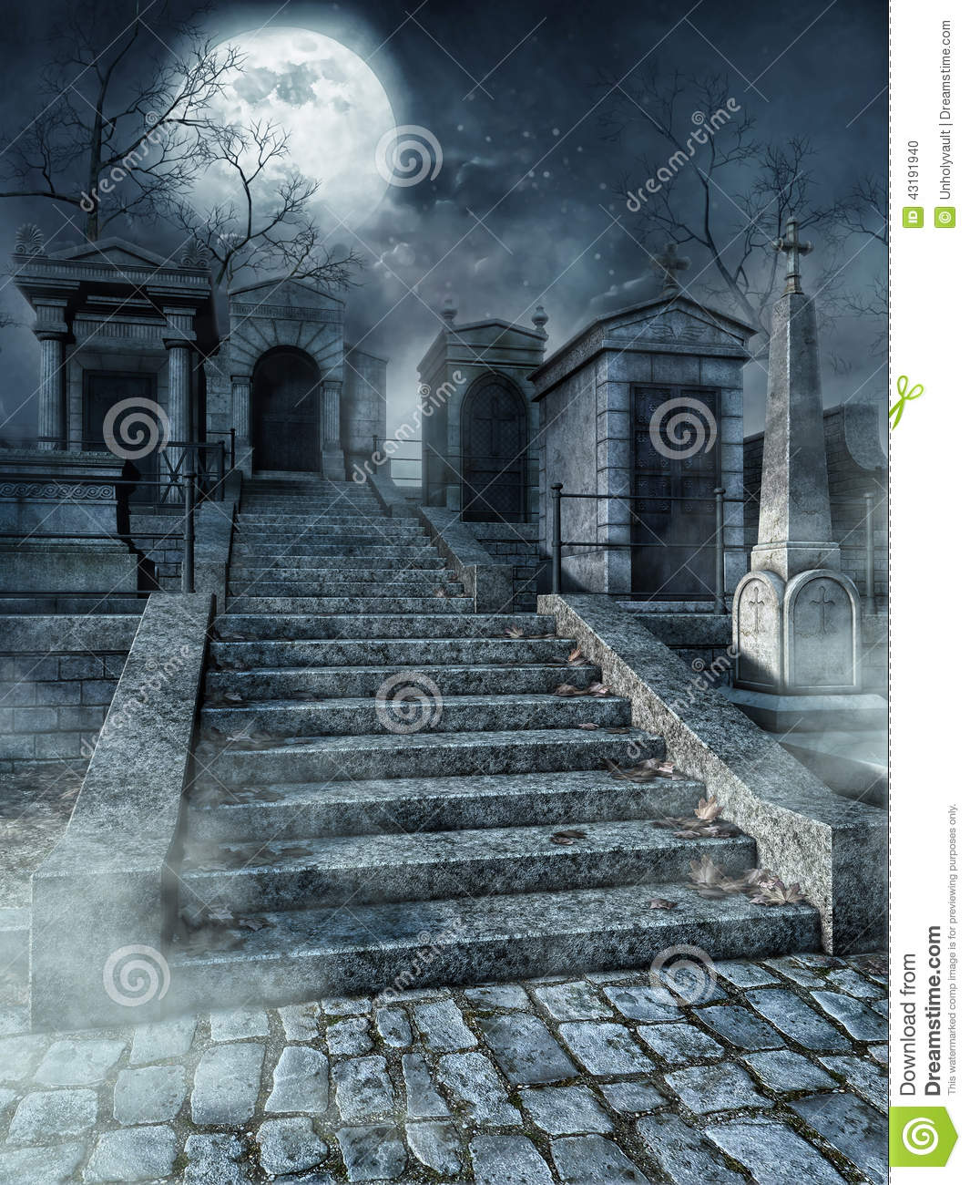 Old Gothic Graveyard With Stone Stairs At Night 