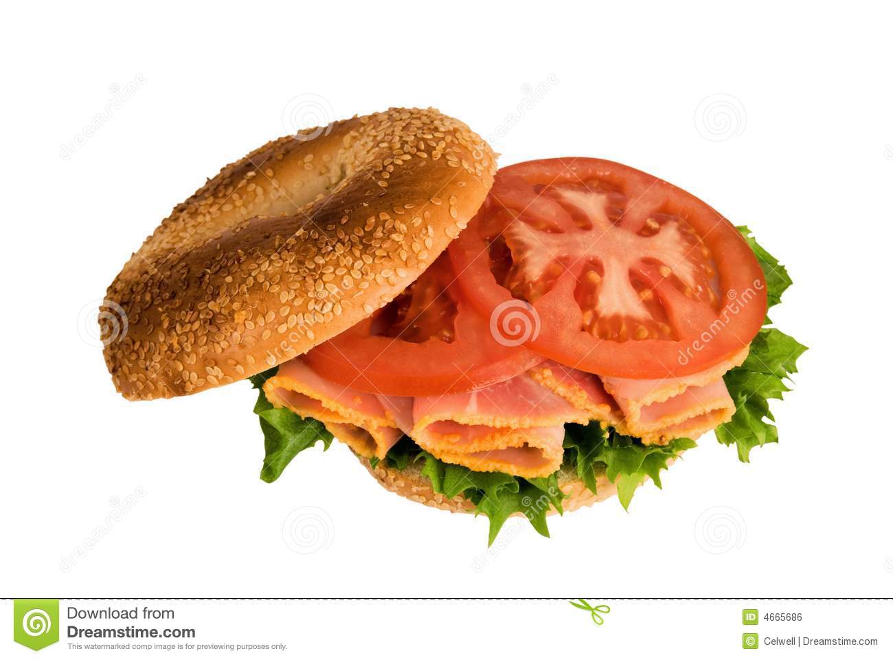 Open Bagel Filled With Ham And Salad On Isolated White Background With