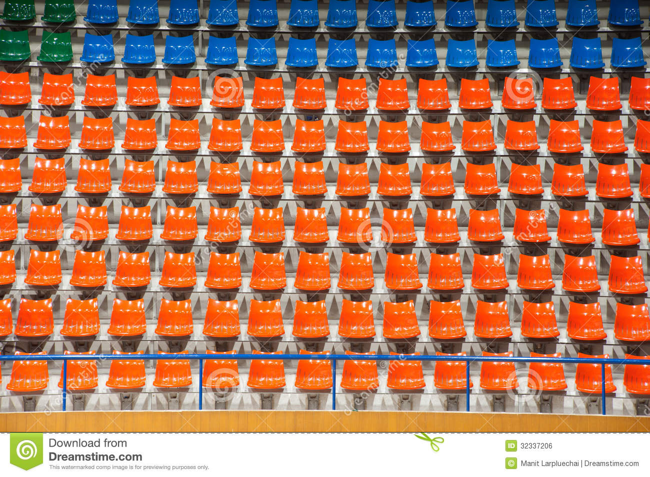Plenty Of Orange And Blue Plastic Seats At Stadium   Royalty Free    