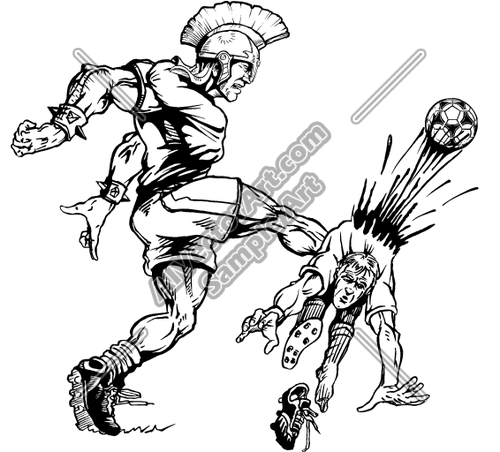 Trojan Warrior Kicking Soccerball Thru Opponent