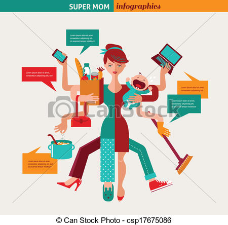 Vector Of Super Mom   Illustration Of Multitasking Mother   Super Mom
