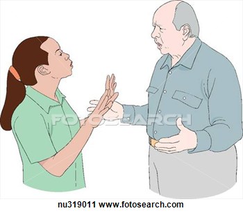 Clipart Of Angry Man Confronts Nurse Who Raises Hands To Calm Him Down