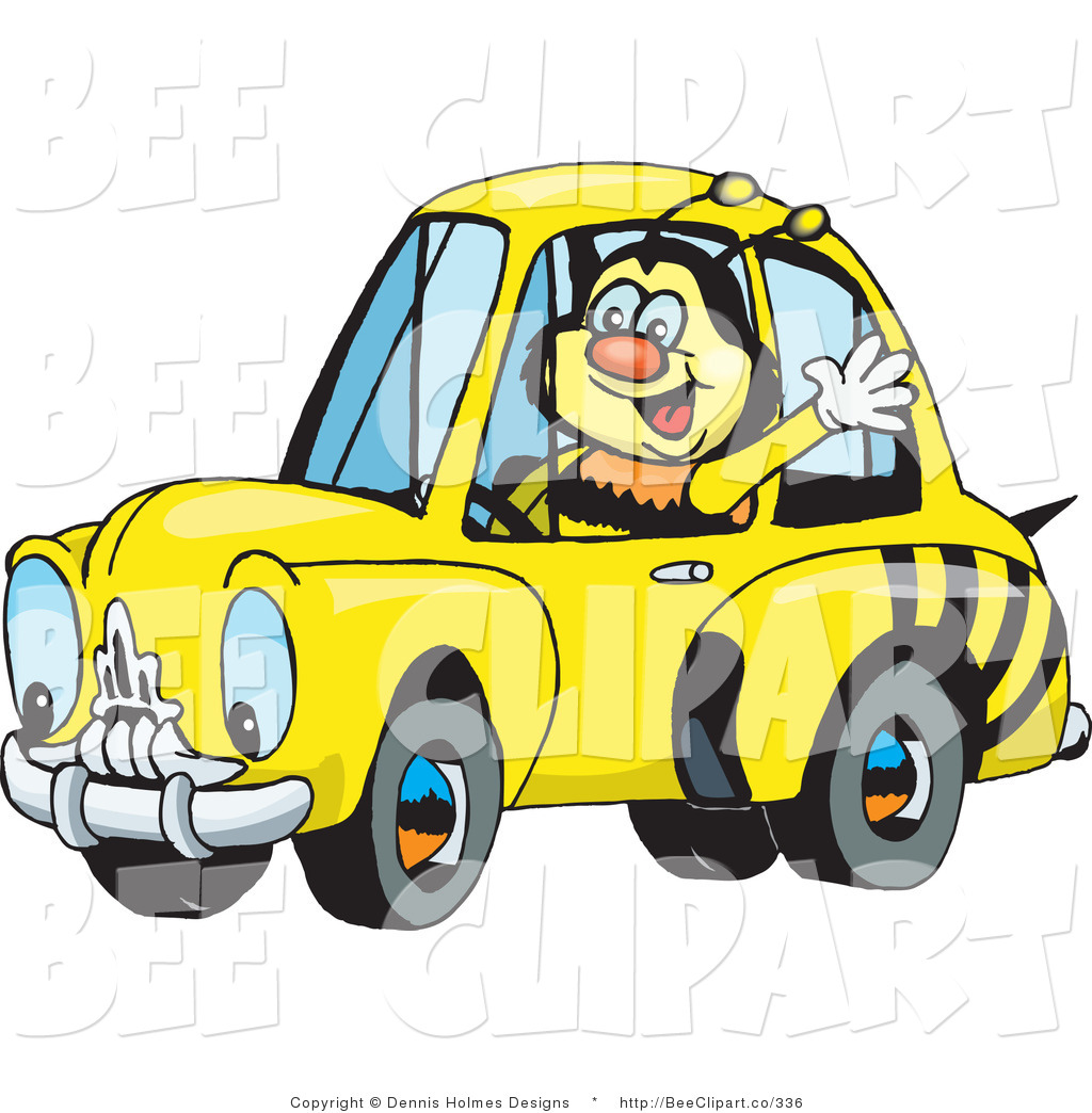 Happy Bumble Bee Character Waving While Driving By In A Matching Car
