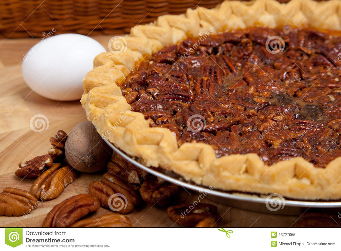 Homemade Pecan Pie With Pecans White And Brown Eggs 