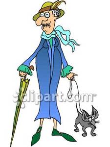 Toothless Old Lady Walking Her Pet   Royalty Free Clipart Picture