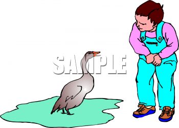 Boy Looking At A Duck In A Puddle   Royalty Free Clip Art Illustration