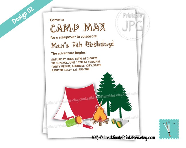 Campout Camp Birthday Party Printable Invitation Card Campfire Holiday