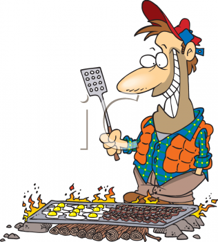 Cartoon Of A Man Cooking Breakfast On A Camping Trip Clipart Image