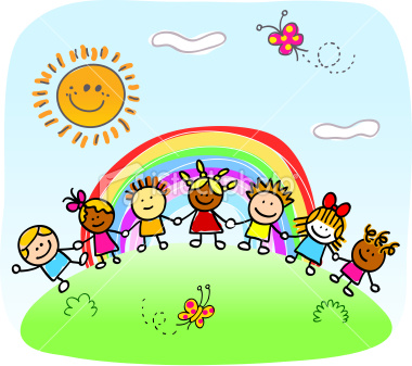      Children Holding Hands Playing Outside Spring Summer Nature Cartoon