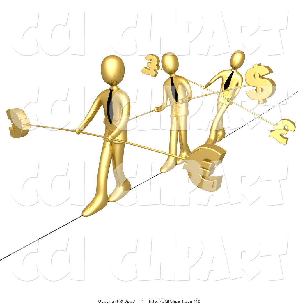 Clip Art Of Three Golden Business People Walking Across A Tightrope