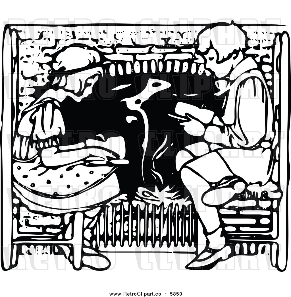 Clipart Of A Retro Black And White Boy And Girl Reading By A Fireplace
