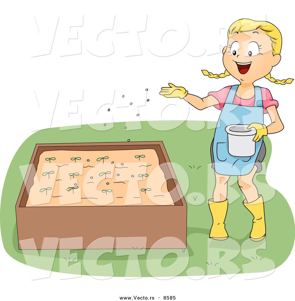 Larger Preview  Cartoon Vector Of A Happy Girl Fertilizing Plants In A