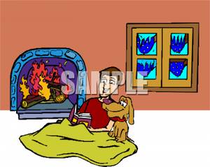 Reading With His Dog In Front Of A Fireplace   Royalty Free Clipart