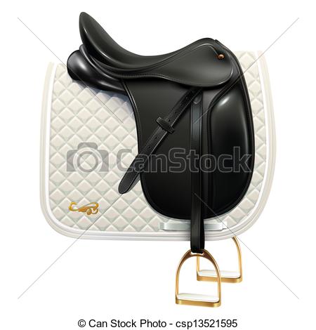 Black Leather Dressage Saddle With White Saddle Pad Isolated On White