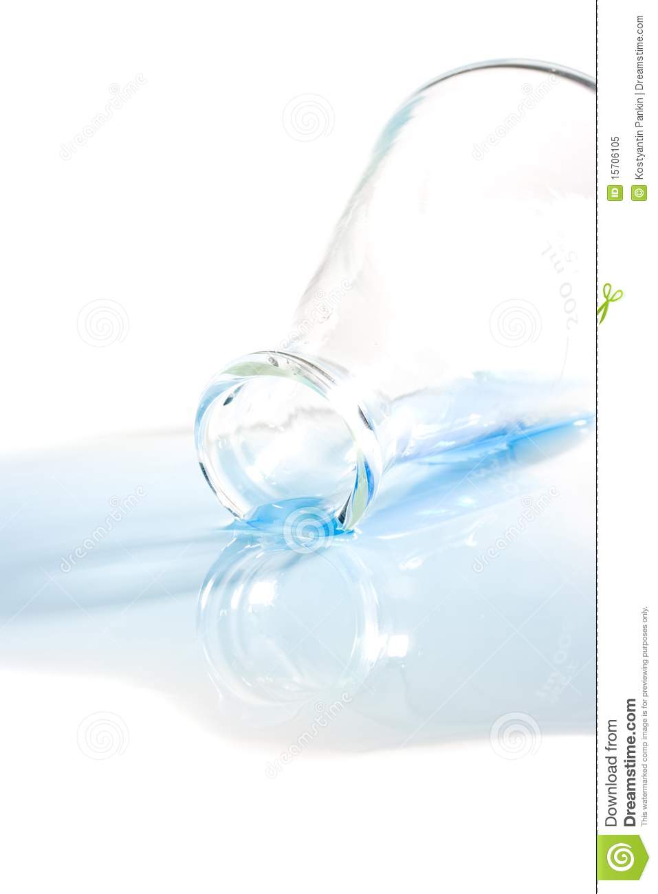 Blue Liquid Spilled From An Erlenmeyer Flask On A White Background 