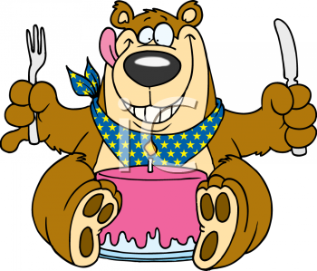 Cartoon Clipart Picture Of A Bear With Utensils And A Birthday Cake