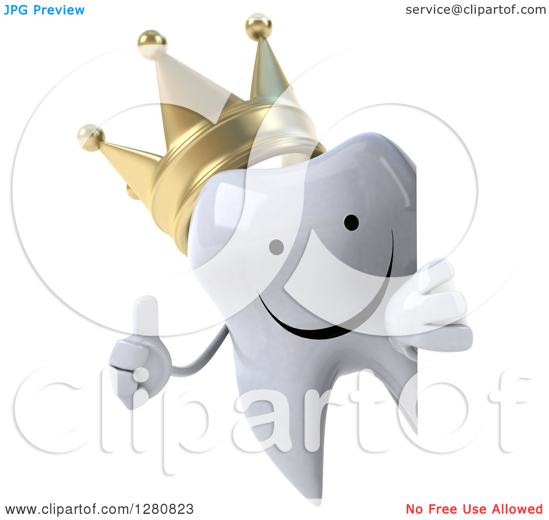 Clipart Of A 3d Happy Crowned Tooth Character Holding A Thumb Up