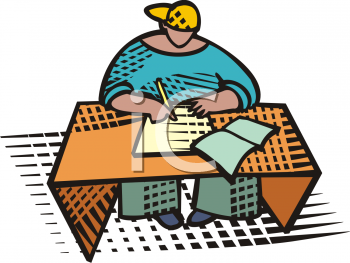 Clipart Of A Student Working At His Desk In A School Classroom