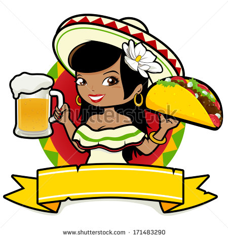 Mexican Woman Holding A Cold Beer And Taco   Stock Vector