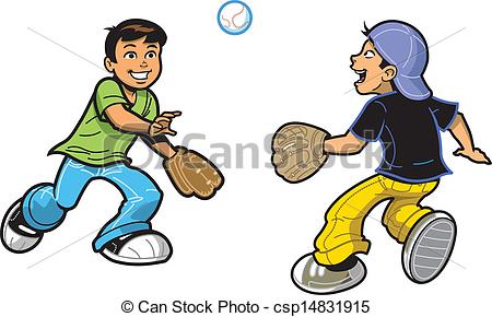 Two Happy Boys Playing Catch With Baseball And Baseball Gloves