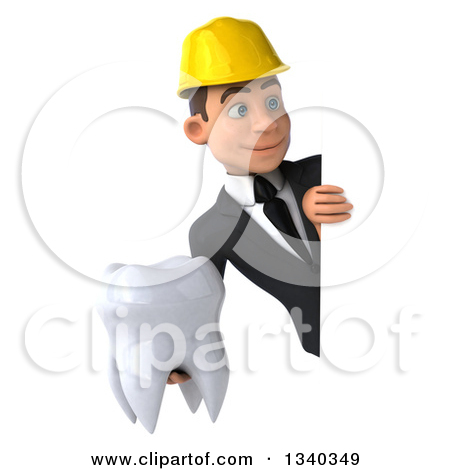Young White Male Architect Holding A Tooth And Looking Around A Sign
