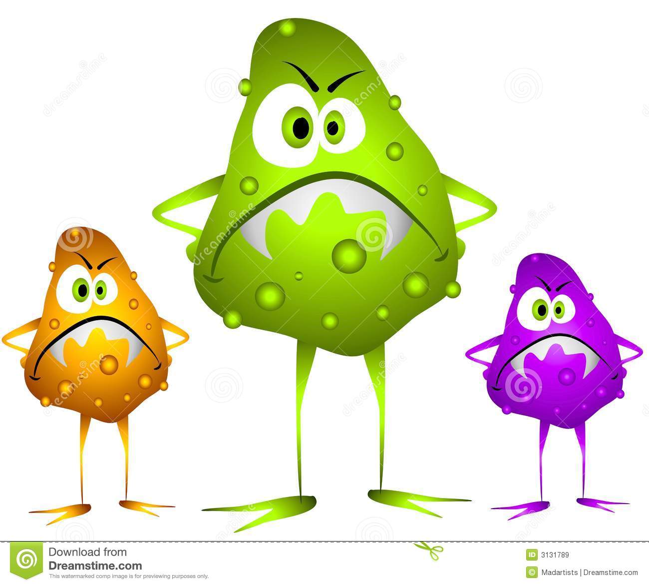 Art Cartoon Illustration Of 3 Nasty Looking Germs Viruses Or Bacteria