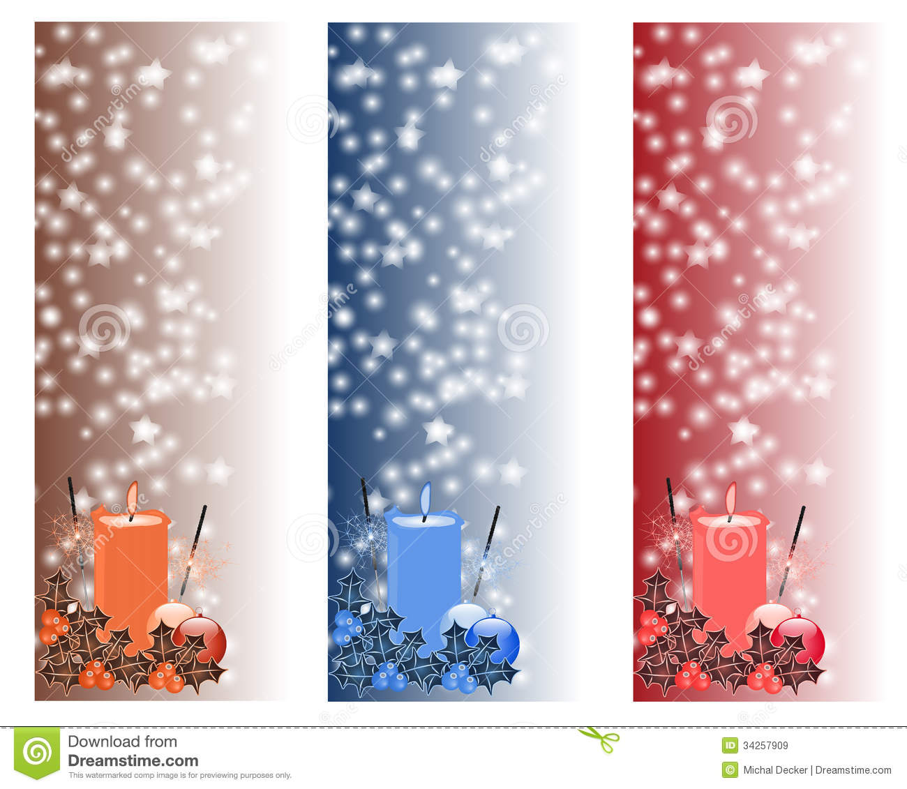 Christmas Vertical Banner In Three Colors With Candle And Mistletoe