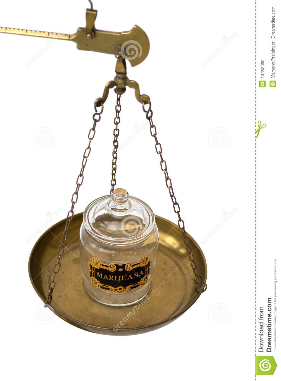 Marijuana Jar On A Brass Scale Weighing Pan Royalty Free Stock Photos