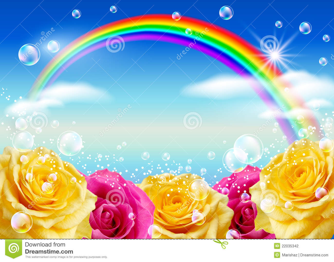 Roses Rainbow And Bubbles Against The Sky