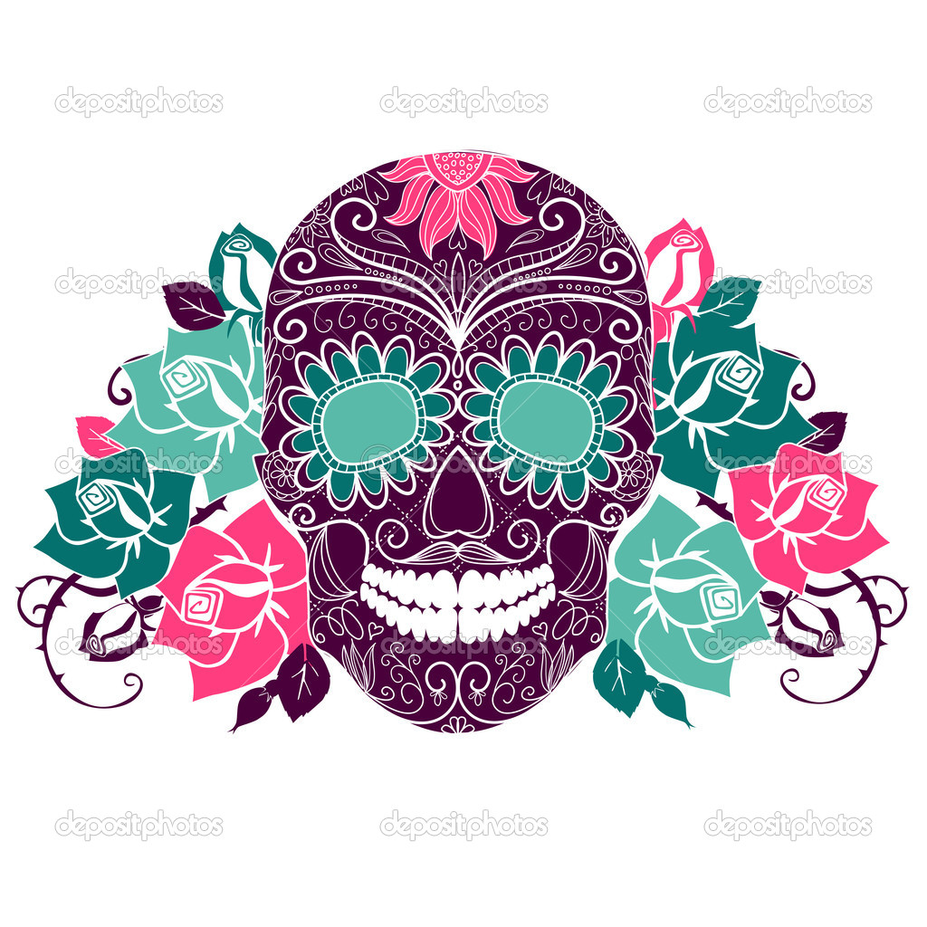 Skull And Roses Colorful Day Of The Dead Card   Stock Vector